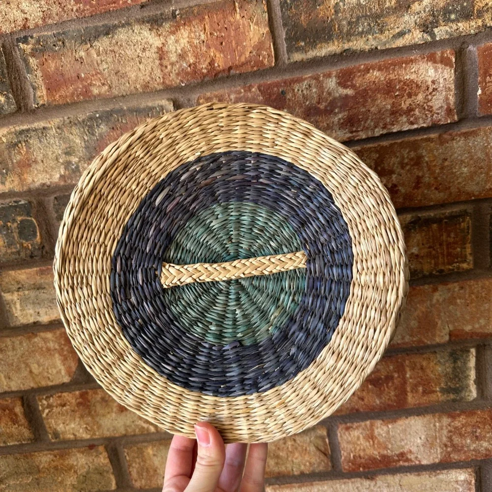 Handwoven Round Seagrass Basket with Lid Blue Green Neutral Striped Boho Storage